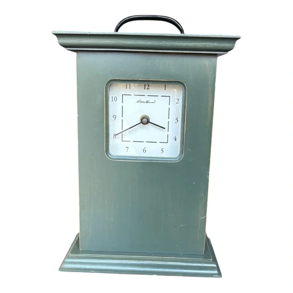 Eddie Bauer wooden dark green mantle quartz clock with handle | OS